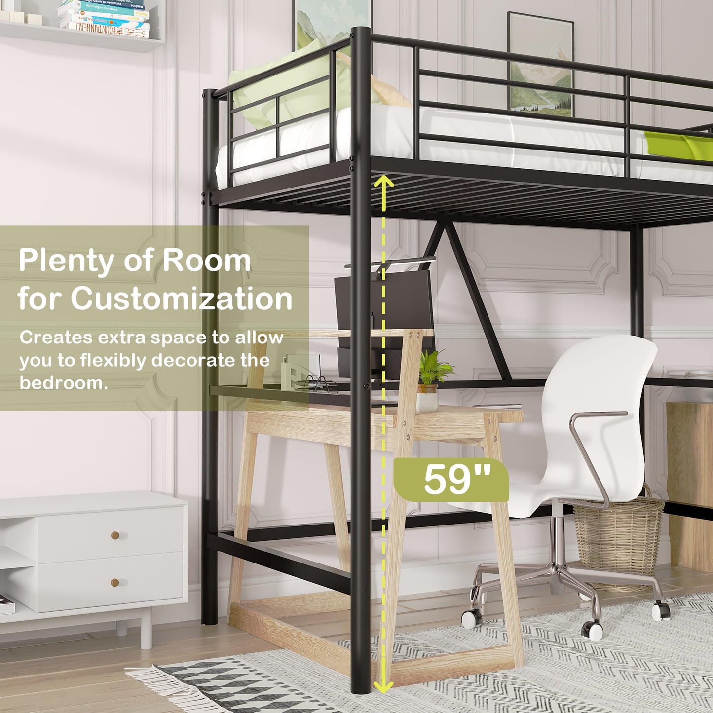 VECELO Metal Loft Bed Twin Size, Heavy Duty Bedframe with Removable Ladder and Safety Guardrail, Space-Saving, Noise Free, No Box Spring Needed, Black