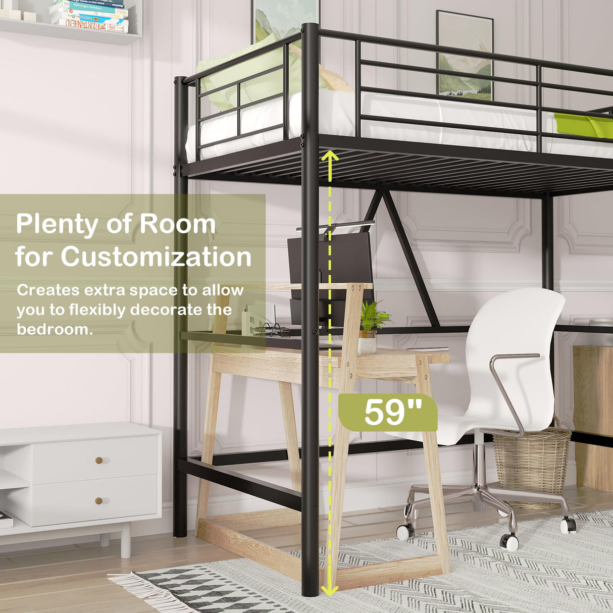 VECELO Loft Bed Twin Size, Metal Bedframe with Removable Ladder and Safety Guardrail, No Box Spring Needed, Space Saving, Noise Free, Matte Black VECELO