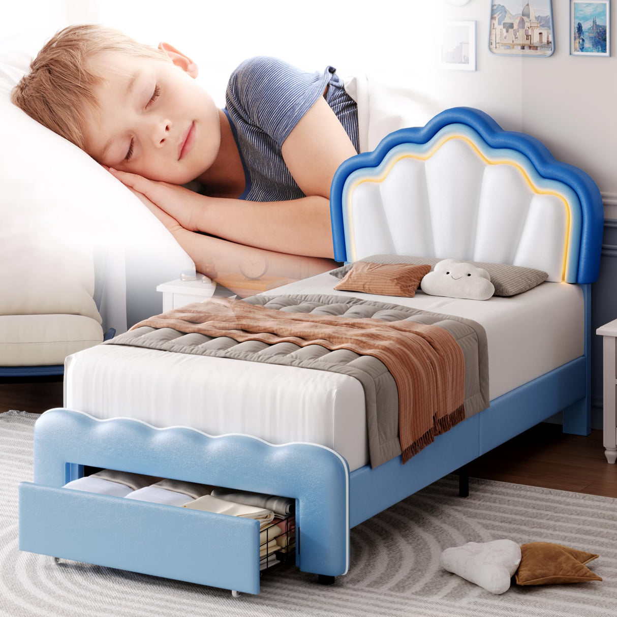 HOSTACK Twin Upholstered LED Bed Frame with Storage Drawers - Stylish Blue/White Platform Bed for Boys with Adjustable Lotus Headboard HOSTACK