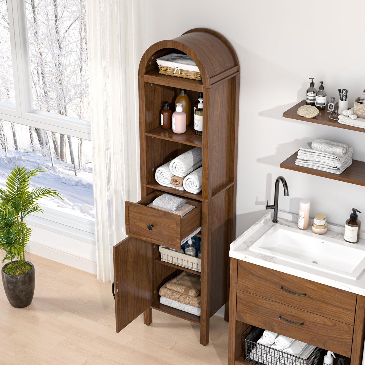 Lxsxlome 64" Tall Bathroom Storage Cabinet with Adjustable Shelves,Tall Narrow Arched Freestanding Tower Cabinet with Fluted Doors and Drawers,Space Saving Organizer for Bathroom Living Room (Walnut) Lxsxlome