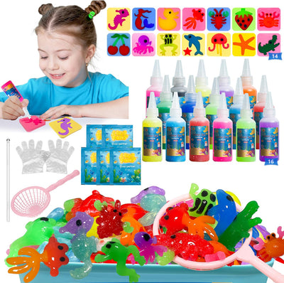 Magic Gel Water Elf Toy Kit,Handmade Aqua Fairy Water Gel Kit,Creative Squishy Toy Set with 16 Magic Gels & 14 Marine Life Molds,Birthday Gifts Creative Arts Diy Set,Easter Craft for Kids (16 Colors)