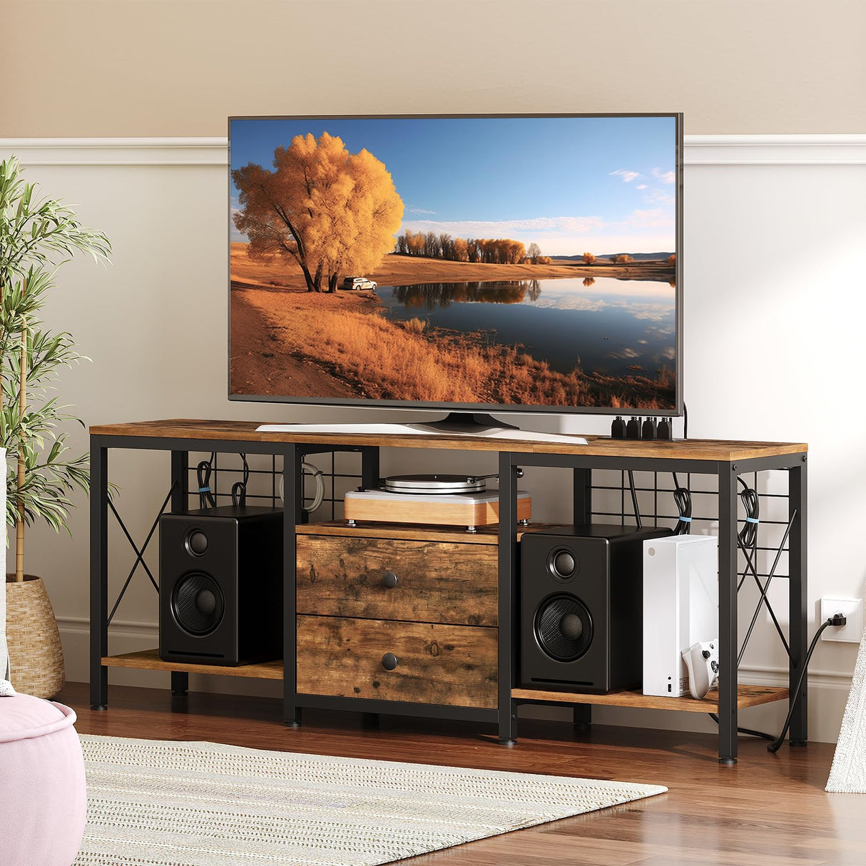 YATINEY TV Stand with Power Outlet for 65 Inch, Entertainment Center with 2 Fabric Drawers, TV Console Table with Open Storage Shelves for TVs, Cable Management, for Living Room, Bedroom, DS14UBR YATINEY