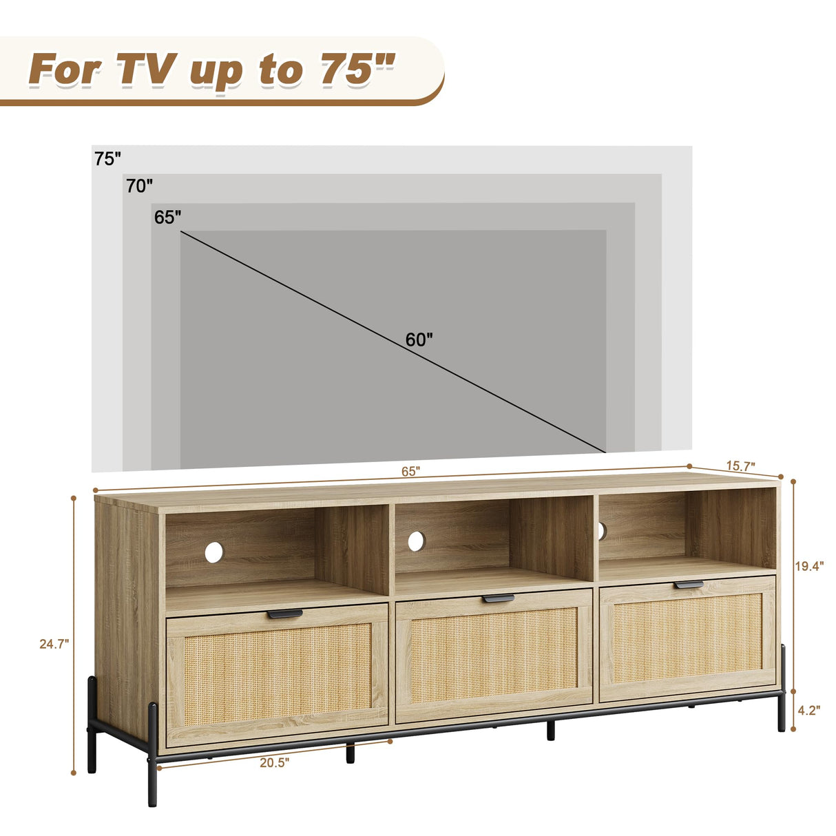 TV Stand for 75 inch TV, Entertainment Center with Storage, 65 Inch TV Console Table with 3 Drawers, Rattan Media Console Cabinet with Metal Legs, Wooden TV Stands for Living Room, Bedroom - Oak IDEALHOUSE