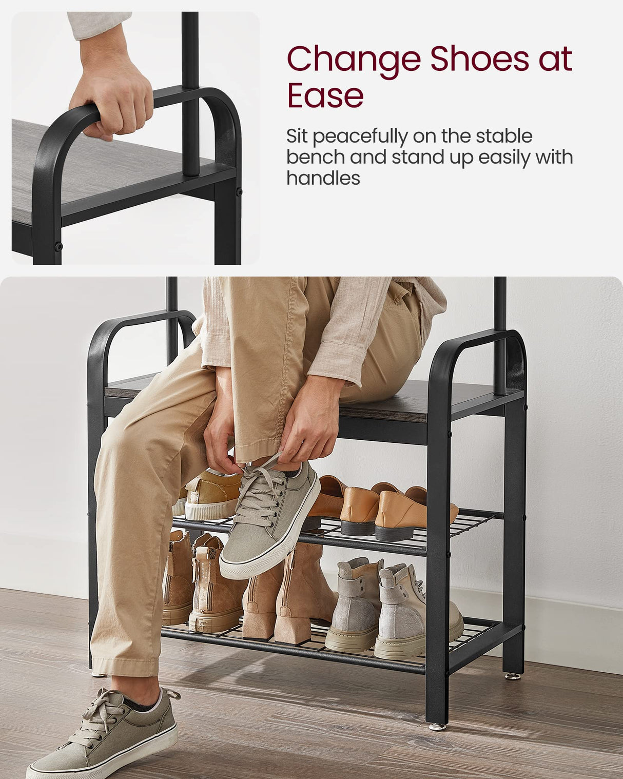 VASAGLE Coat Rack, Hall Tree with Shoe Bench for Entryway, Entryway Bench with Coat Rack, 4-in-1, with 9 Removable Hooks, a Hanging Rod, 13.3 x 28.3 x 72.1 Inches, Charcoal Gray and Black UHSR040B04 VASAGLE