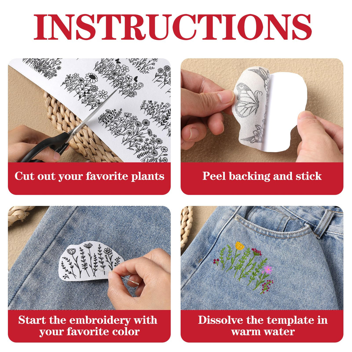 Flower Water Soluble Embroidery Patterns, 25 Pcs Stick and Stitch Embroidery Papers Wash Away Pre-Printed Floral Pattern Transfers, Customized Gift for Hand Sewing Lover Beginners INCOK