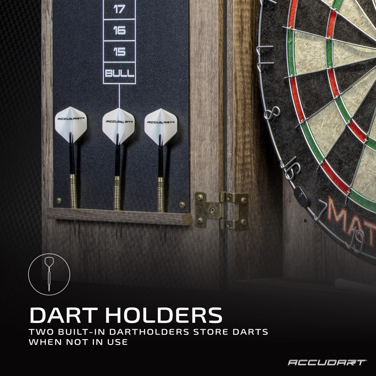 Accudart Match Pro Dartboard Cabinet Set - Official Size - Self Healing Sisal - Modern Style Woodgrain - Two Built-in Dartholders - LED Lighting - Includes Scoreboard, Chalk, Eraser, and Six Darts Accudart