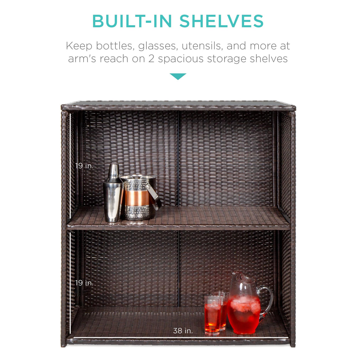 Best Choice Products 3-Piece All-Weather Wicker Bar Table Set for Indoor Outdoor, Kitchen, Patio, Backyard w/ 2 Stools, Glass Tabletop, Storage Shelves - Brown Best Choice Products