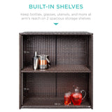 Best Choice Products 3-Piece All-Weather Wicker Bar Table Set for Indoor Outdoor, Kitchen, Patio, Backyard w/ 2 Stools, Glass Tabletop, Storage Shelves - Brown Best Choice Products