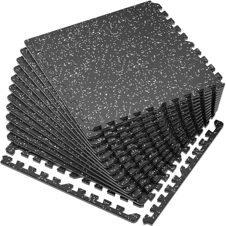 SUPERJARE 0.56'' Thick 12 Pcs 48 Sq Ft Rubber Top Exercise Equipment Mats, High Density EVA Foam Mats with Rubber Top, Interlocking Gym Flooring for Home Gym, Protective Workout Mat, Black/Grey SUPERJARE