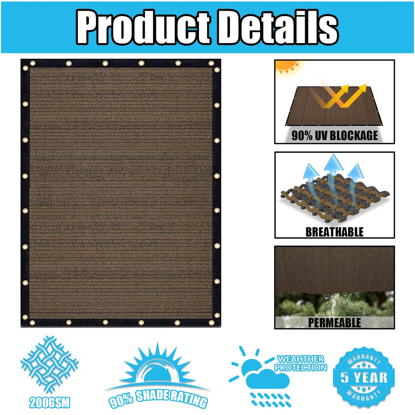 Amagenix 90% Pergola Shade Cover 10'X 18' Mocha Sun Shade Cloth with Grommets GN09 for Outdoor Garden Patio Porch, Commercial Grade 200 GSM - Cable Zip Ties Included (We Customized)