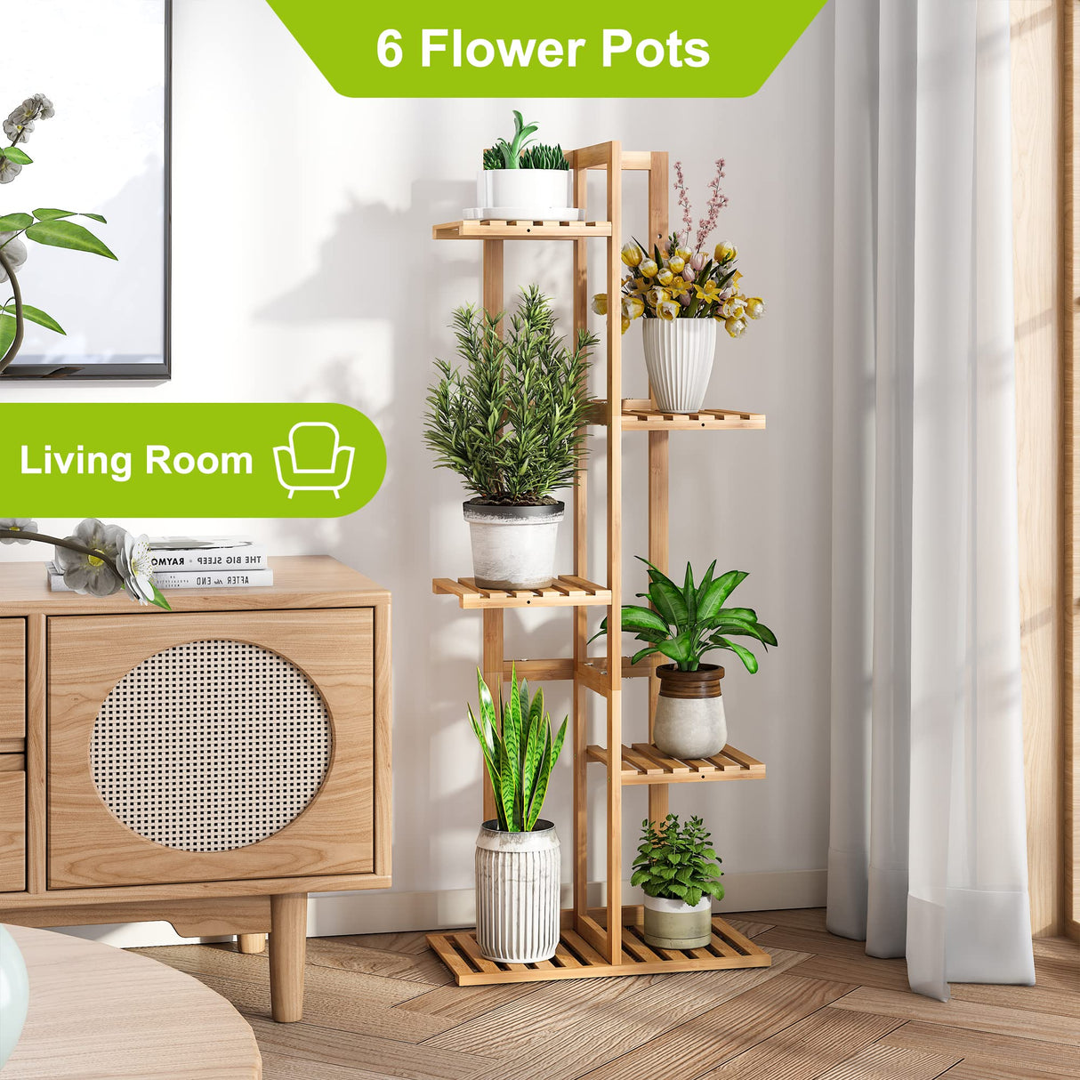 BMOSU Bamboo Plant Stand For Indoor Outdoor Plants Corner Plant Shelf Flower Stands Tall Plant Shelf 6 Potted Holder Shelf Plant Rack Potted Plant Holder Display Rack For Balcony Bedroom Living BMOSU