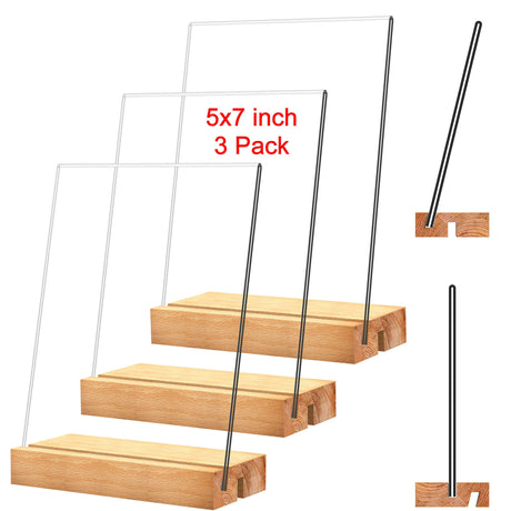 newnewshow Acrylic Sign Holder with Wood Base Wood Sign Holder Vertical or Slant Back Display for Store Office (5x7 L/T) newnewshow
