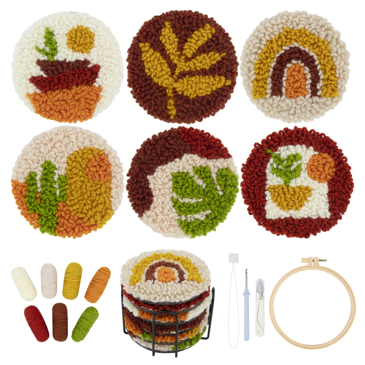 Temlum Punch Needle Coasters Kit, Punch Needle Embroidery Kit for Beginners and Adults Including Patterns, Tools, Yarns, Hoop, Instruction, Coaster Holder Coaster Art Craft Supplies (Plants) Temlum