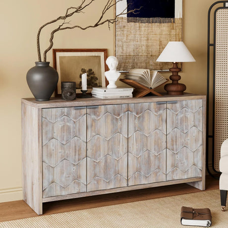 WILSHINE Sideboard Buffet Credenza with Cabinet, 60 Inch Sideboards Entryway Table with Storage for Kitchen Living Room, 4 Doors, Natural Wood Wash WILSHINE