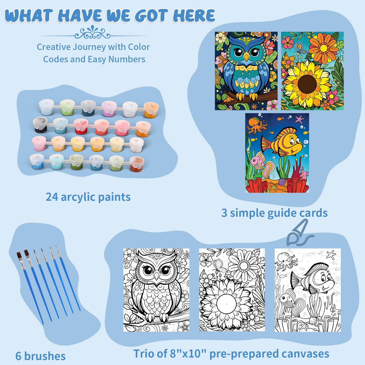 Kids Paint By Number Kits Age 8-12, 3 Pack 8x10 Inch Framed Canvas With 24x3ml Acrylic Pots, 6 Brushes, Painting Kits For Kids, Crafty By Numbers With Paint, 6-10 Year Old Girl Christmas Gift Jovial & Joyful