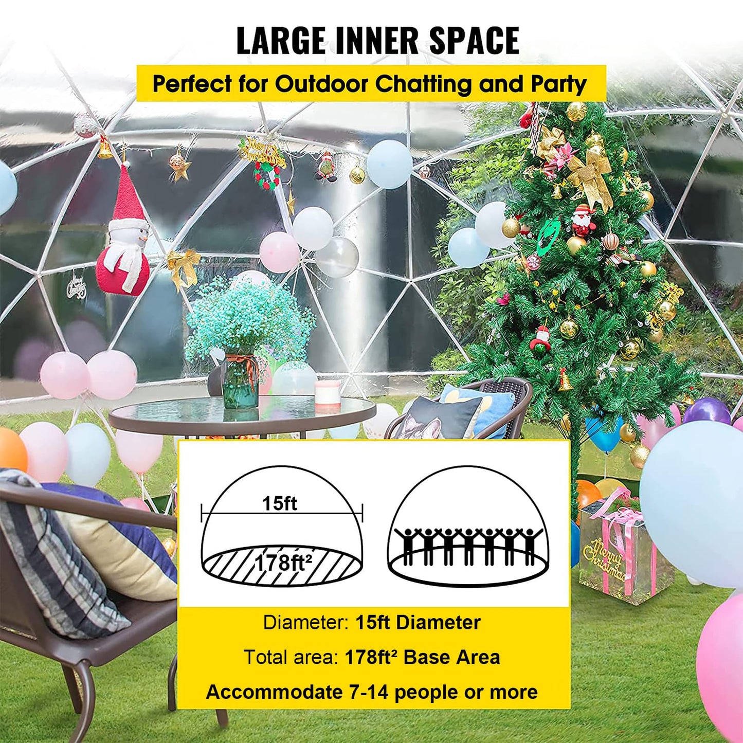 15 x 9.5 FT Garden Dome lgloo, Geodesic Dome Greenhouse with TPU Transparent Cover, Waterproof Garden Bubble Dome Tent House with 2 x 10M Light Strings for Outdoor, Patio, Dining Backyard, Pa - WoodArtSupply