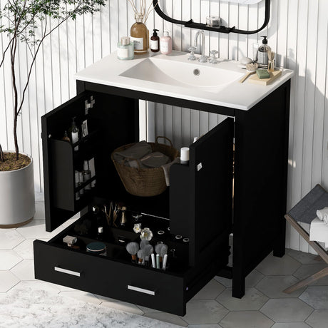 Harper & Bright Designs 30" Bathroom Vanity with Sink, Free Standing Single Basin Vanity Set with 2 Doors Cabinet and One Drawer, Modern Wooden Bathroom Cabinet with Ceramic Basin for Bathroom, Black Harper & Bright Designs