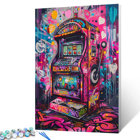 Tucocoo Graffiti Game Slot Machine Paint by Number for Adults Beginner with Paintbrushes Acrylic Neon Gaming Vidio Painting by Numbers Kits Canvas Art Crafts Home Decor16x20Frameless Tucocoo