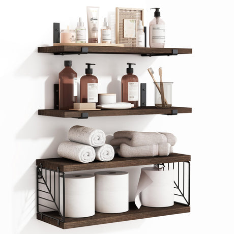 Fixwal 3+1 Tier Bathroom Floating Shelves Over Toilet, 15.8in Farmhouse Rustic Wood Shelves, Wall Decor for Bathroom, Living Room,Bedroom and Kitchen (Dark Brown) Fixwal