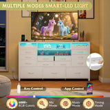 WLIVE White TV Stand for 55, 60, 65 inch TV, Entertainment Center with LED Lights & Charging Station, TV Media Console Table with 15 Fabric Drawers and Open Shelves for Living Room, Hallway, Wood Top WLIVE