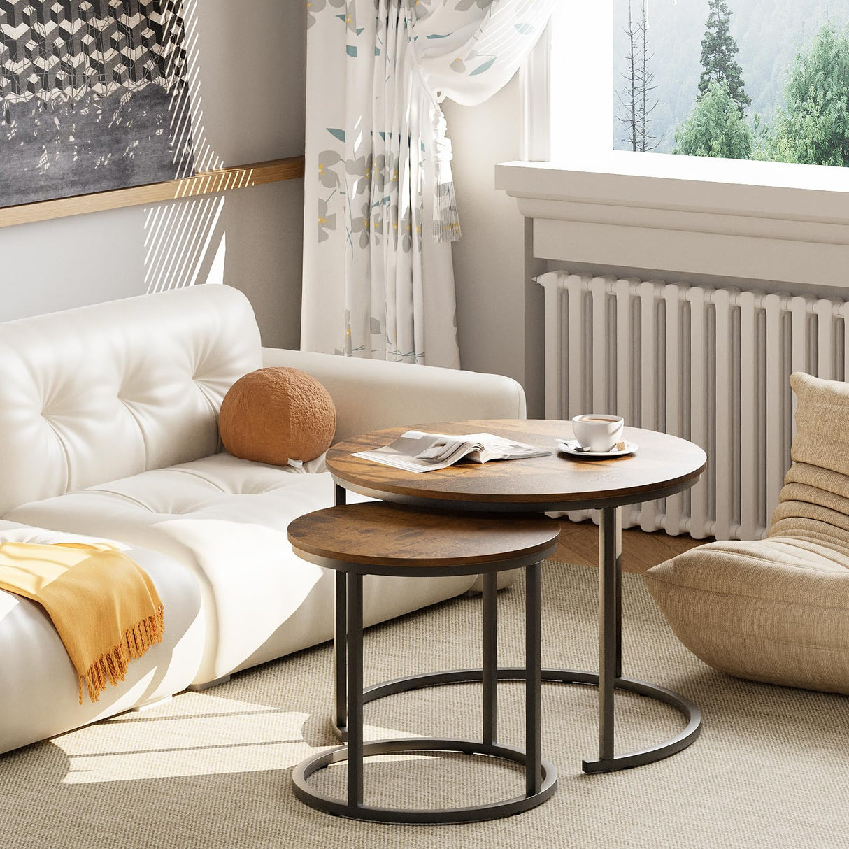 aboxoo Coffee Table Nesting Round Table Set of 2 Side Table with Sturdy Metal Frame for Living Room Bedroom Apartment Modern Industrial Simple Nightstand,Rustic Brown aboxoo