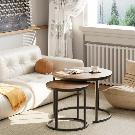 aboxoo Coffee Table Nesting Round Table Set of 2 Side Table with Sturdy Metal Frame for Living Room Bedroom Apartment Modern Industrial Simple Nightstand,Rustic Brown aboxoo