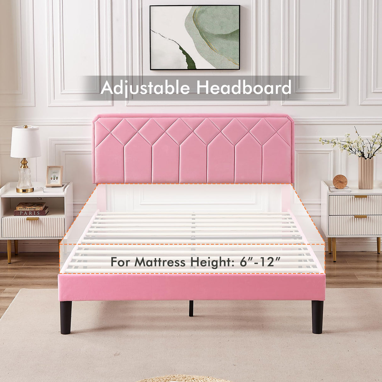 VECELO Queen Size Bed Frame Premium Velvet Upholstered Platform with Height Adjustable Headboard/Mattress Foundation, Solid Wooden Slat Support, No Box Spring Needed/Easy Assembly VECELO