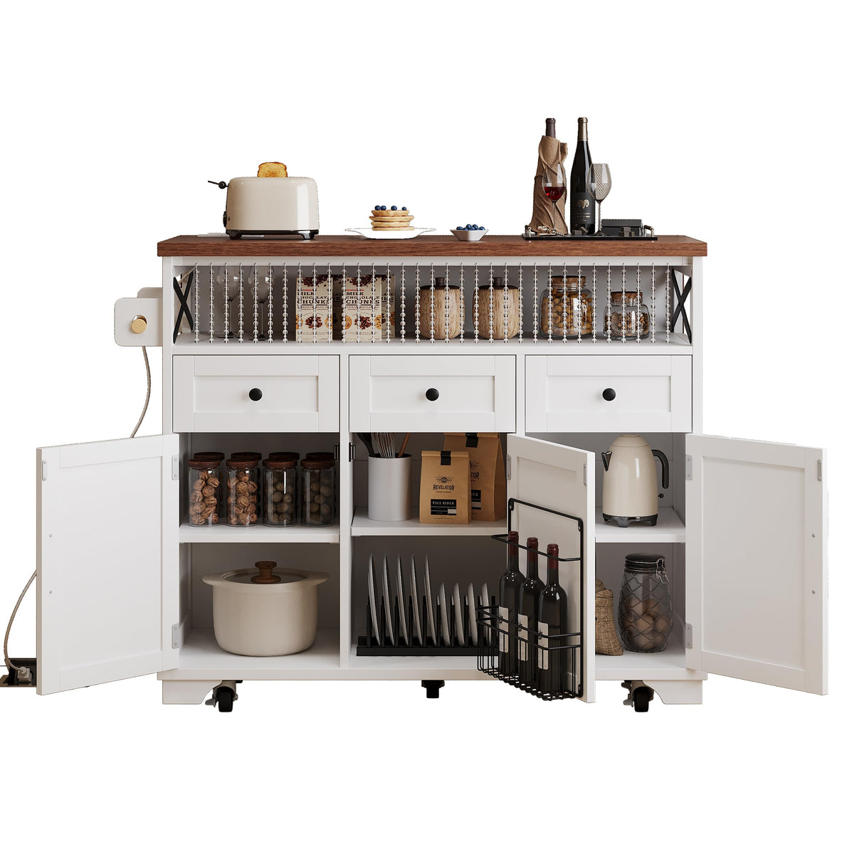 Ball & Cast Farmhouse Kitchen Island with Drape of Beads & Power Outlet, Rolling Kitchen Cart on 5 Wheels, 3 Drawers, Internal Iron Shelf & Towel Rack, for Kitchen & Dining Room, White Ball & Cast