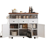 Ball & Cast Farmhouse Kitchen Island with Drape of Beads & Power Outlet, Rolling Kitchen Cart on 5 Wheels, 3 Drawers, Internal Iron Shelf & Towel Rack, for Kitchen & Dining Room, White Ball & Cast