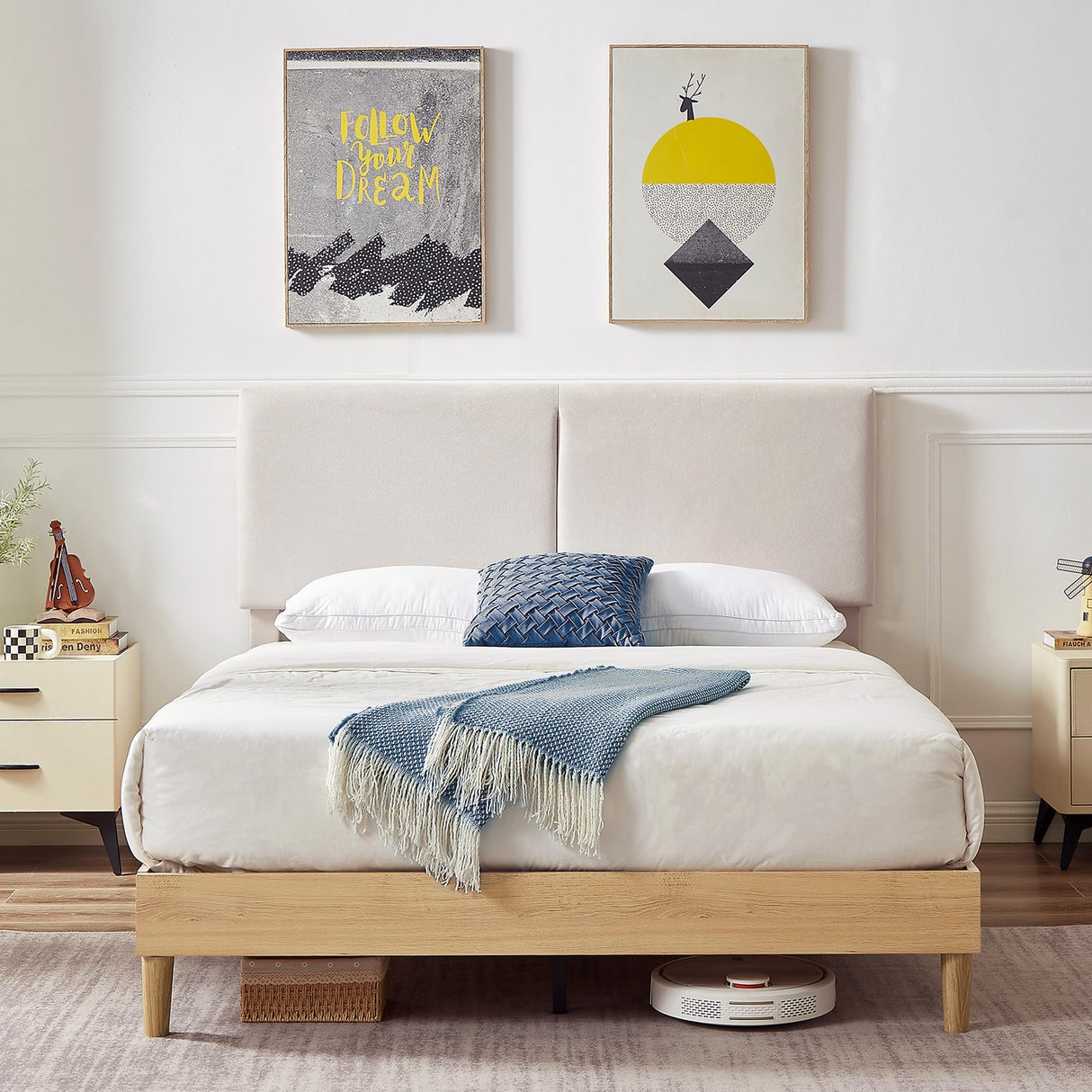 VECELO Adjustable Upholstered Full Bed Frame with Heavy-Duty Slats and Noise-Free Design VECELO