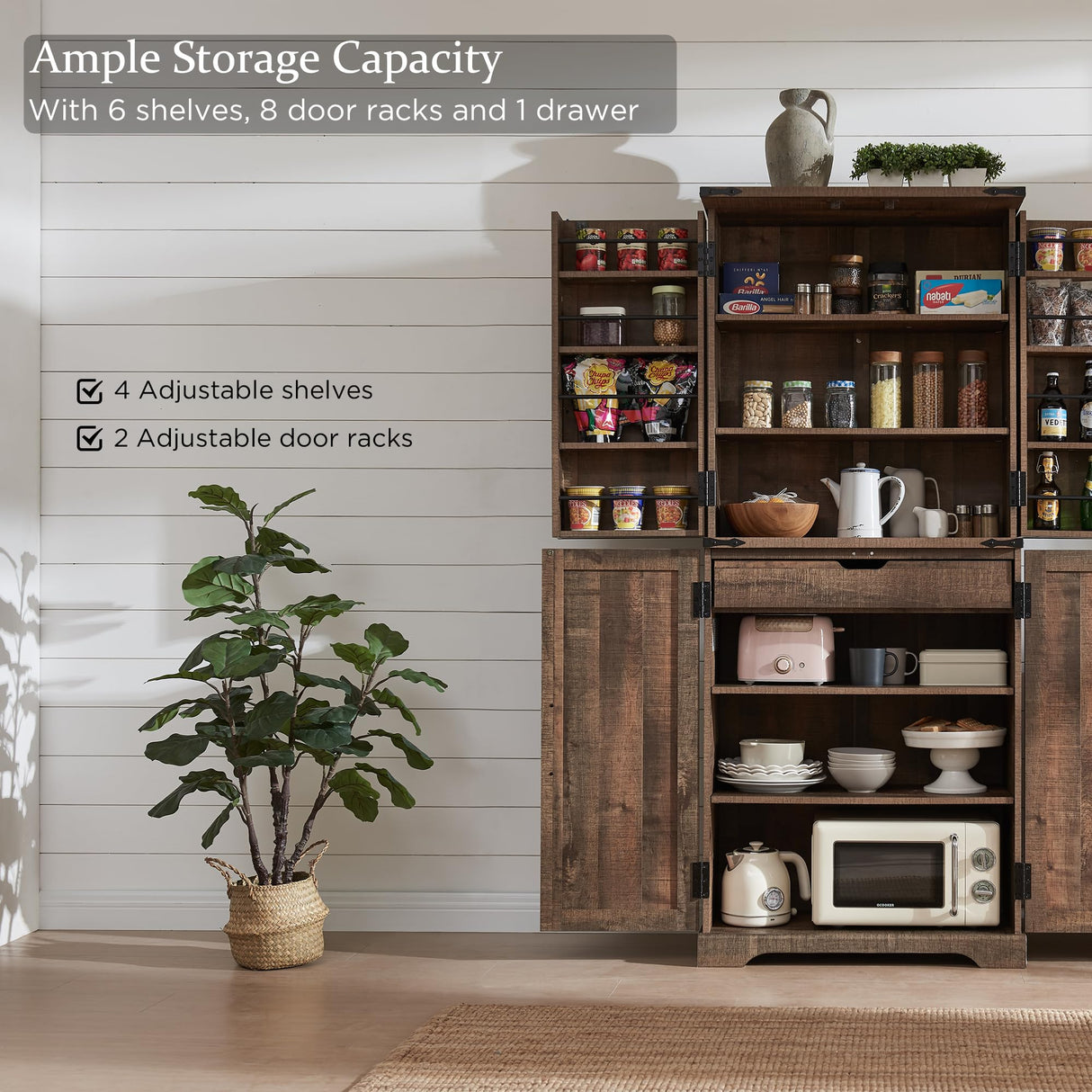 JXQTLINGMU 72" Tall Storage Cabinet, Farmhouse Pantry Cabinet with Door Shelves, Drawer and Magnetic Catches, Rustic Wood Organizer for Kitchen, Bathroom, Living Room, Rustic Brown JXQTLINGMU