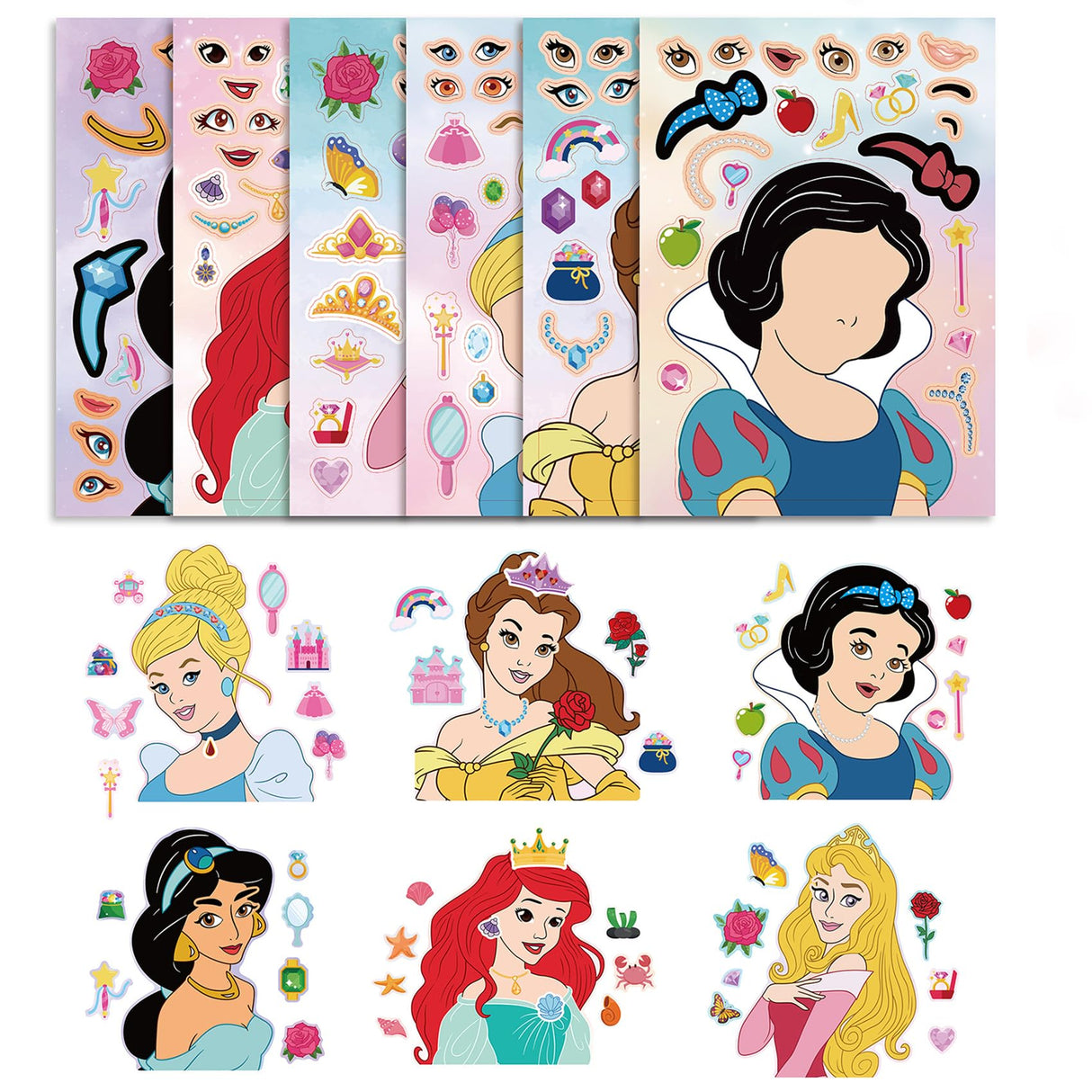 Make Your Own Princess Toys Stickers Sheet, 12 Pcs Make a Face Stickers for Kids, Themed Princess Birthday Party Favors Kids Crafts Party Supplies MaoMaoCha