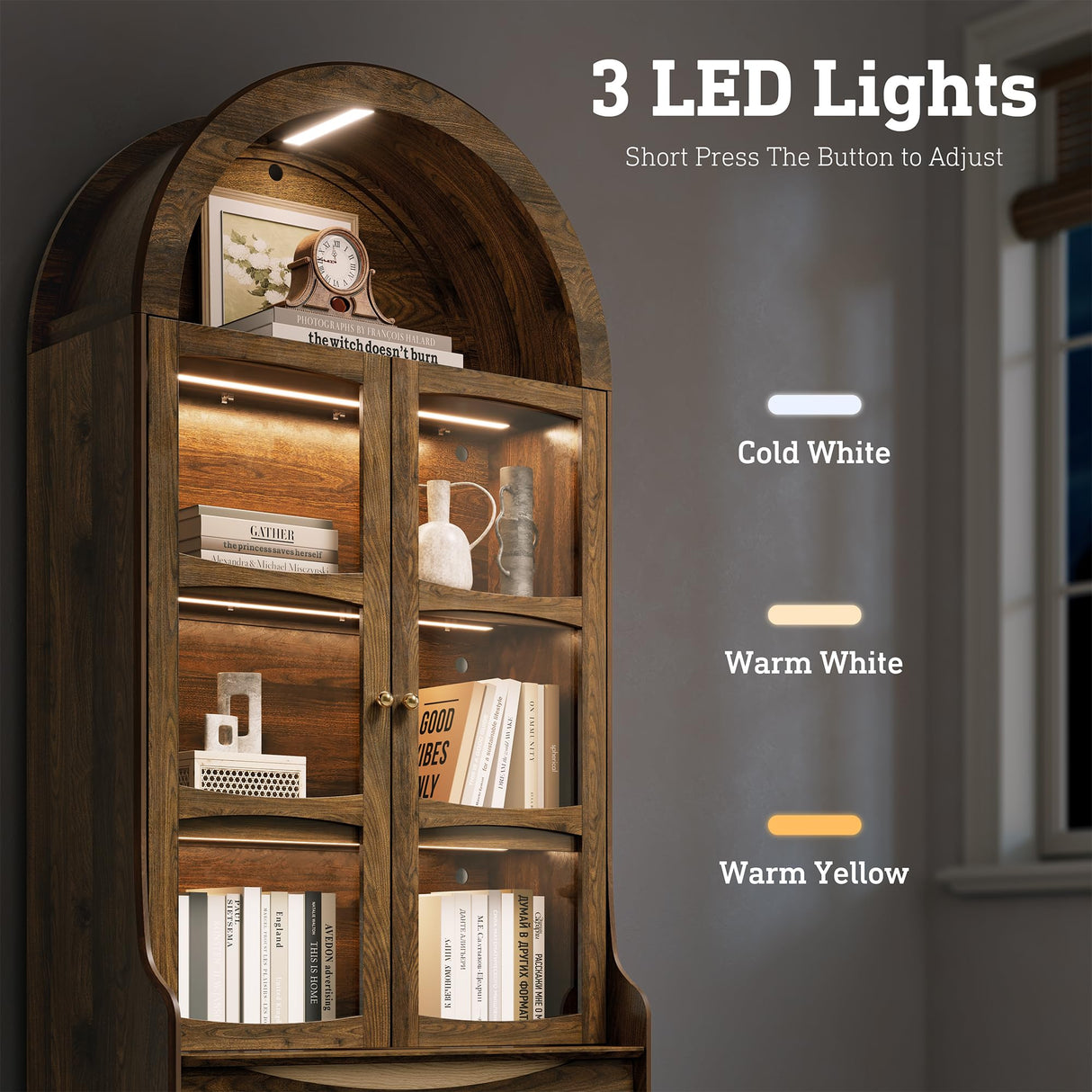 STO'SENSE 73" Tall Arched Bookshelf with LED Lights,4-Tier Modern Farmhouse Arched Bookcase with Glass Doors and Shelves,Wooden Display Cabinet with 2 Drawers for Living Room, Dining Room (Walnut) STO'SENSE