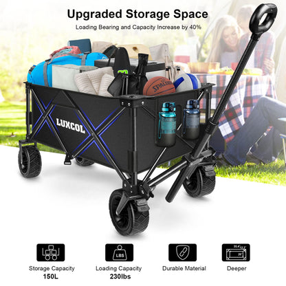 LUXCOL Collapsible Folding Wagon, Heavy Duty Utility Beach Wagon Cart for Sand with Big Wheels, Adjustable Handle&Drink Holders for Shopping, Camping,Garden and Outdoor - WoodArtSupply