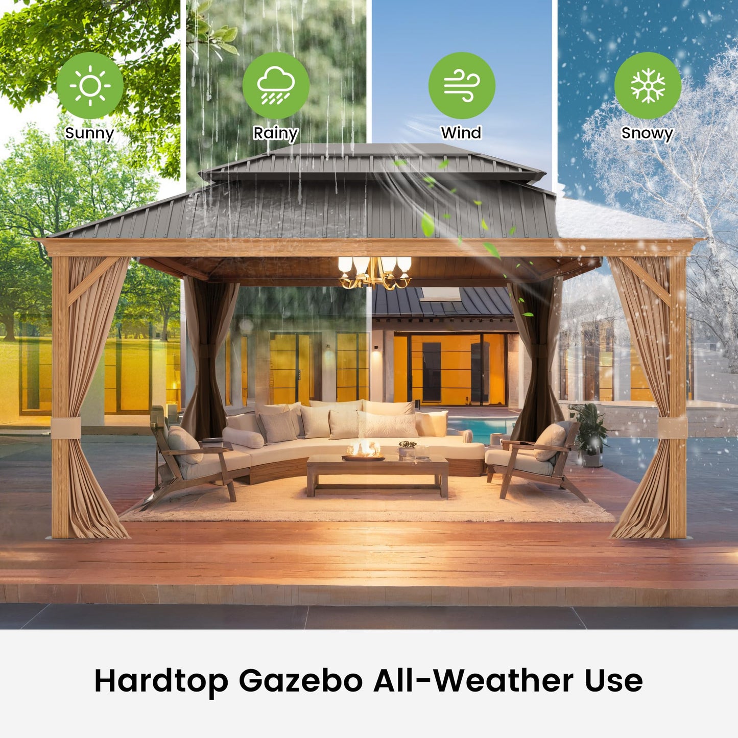 12' x 16' Patio Hardtop Gazebo Heavy Duty Aluminum Frame Metal Galvanized Steel Double Roof Outdoor Permanent Pergolas for Garden, Parties, Lawns, Deck (Woodgrain Grey) - WoodArtSupply