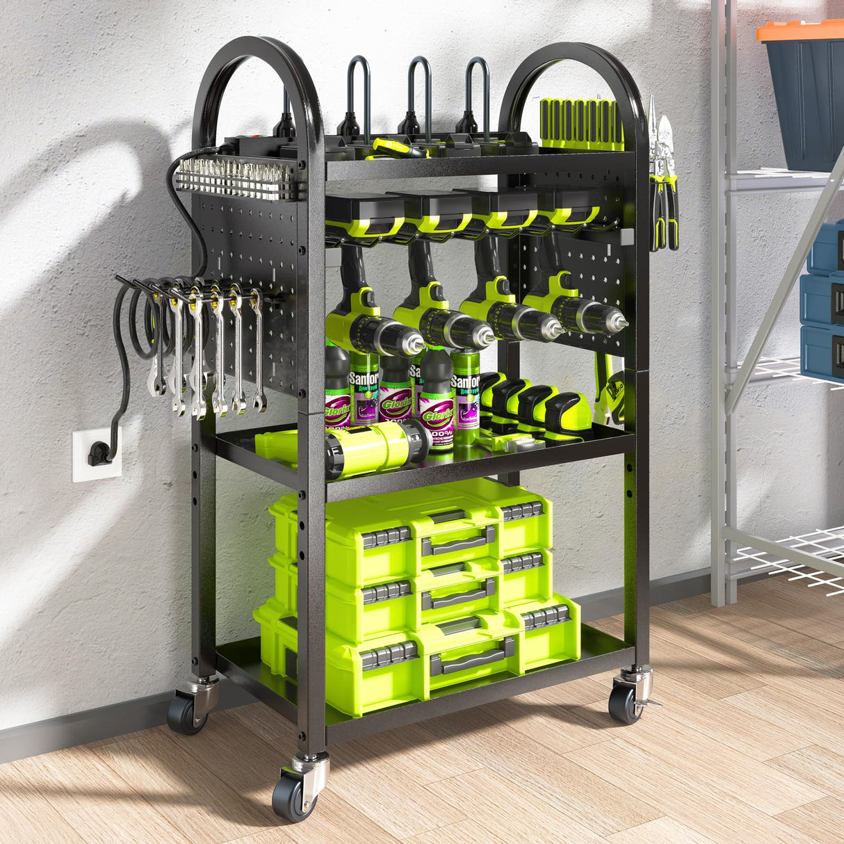 KAFAHOM Power Tool Organizer Cart with Charging Station,Garage Floor Rolling Storage on Wheels for Mechanic,Mobile 8 Drill Holder, Utility Cart with Battery Charging 8 Outlet Power Strip KAFAHOM