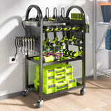 KAFAHOM Power Tool Organizer Cart with Charging Station,Garage Floor Rolling Storage on Wheels for Mechanic,Mobile 8 Drill Holder, Utility Cart with Battery Charging 8 Outlet Power Strip KAFAHOM