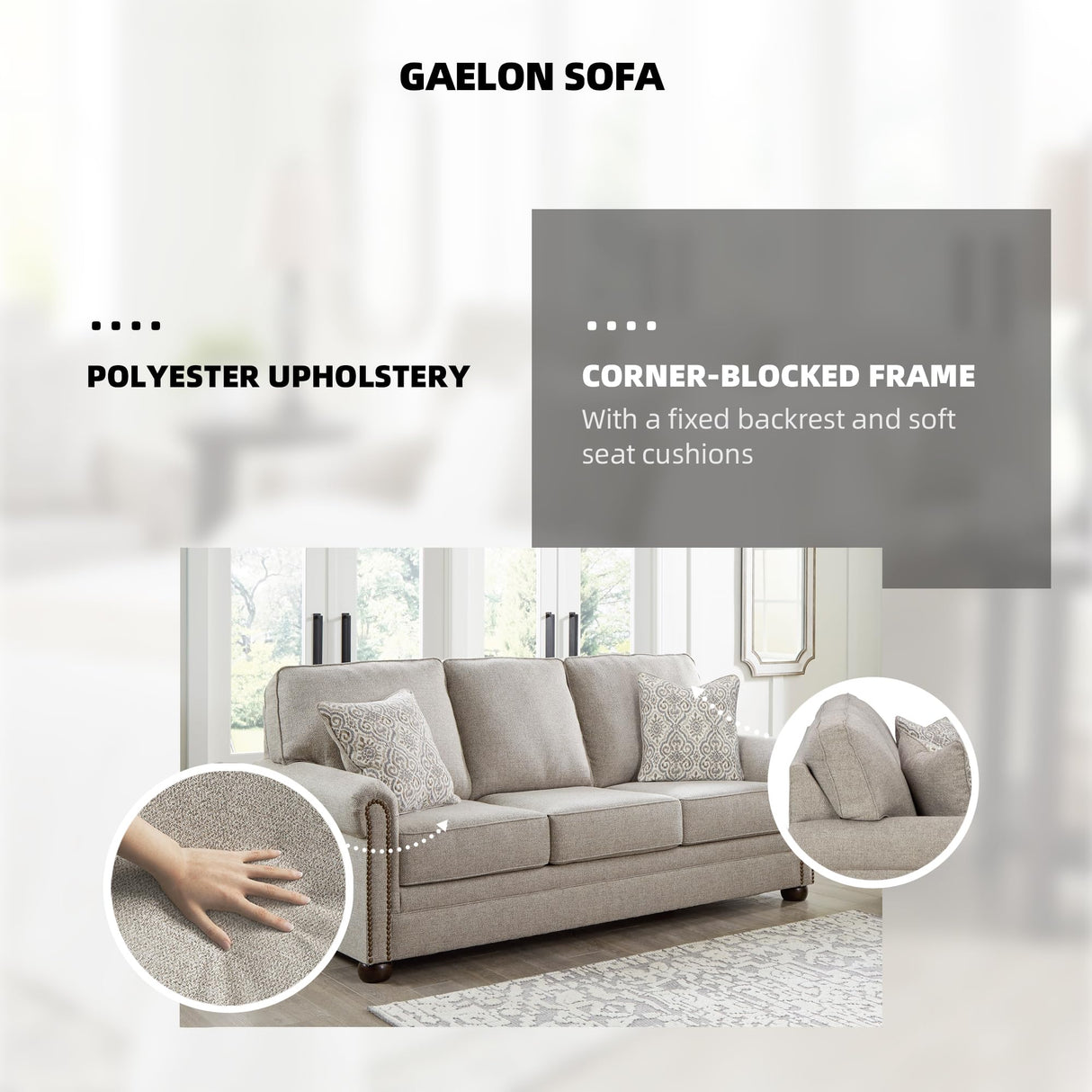 Signature Design by Ashley Gaelon Transitional Sofa with Nailheads and 2 Accent Pillows, Beige Signature Design by Ashley