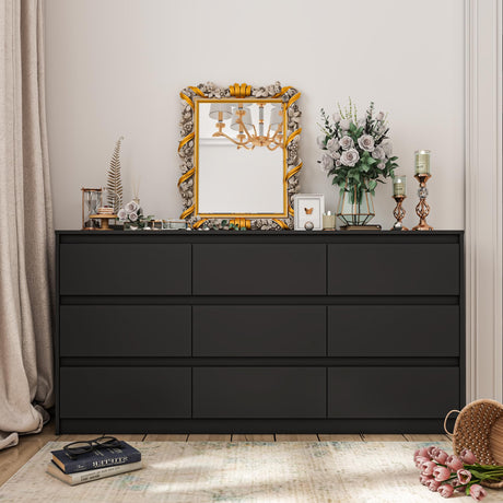 Hitow 9 Drawer Dresser for Bedroom with Deep Drawers, Large Floor Wood Dressers & Chest of Drawers Handle Free, Modern Black Long Dressers for Closet Living Room (63" W x 15.7" D x 31.5" H) Hitow