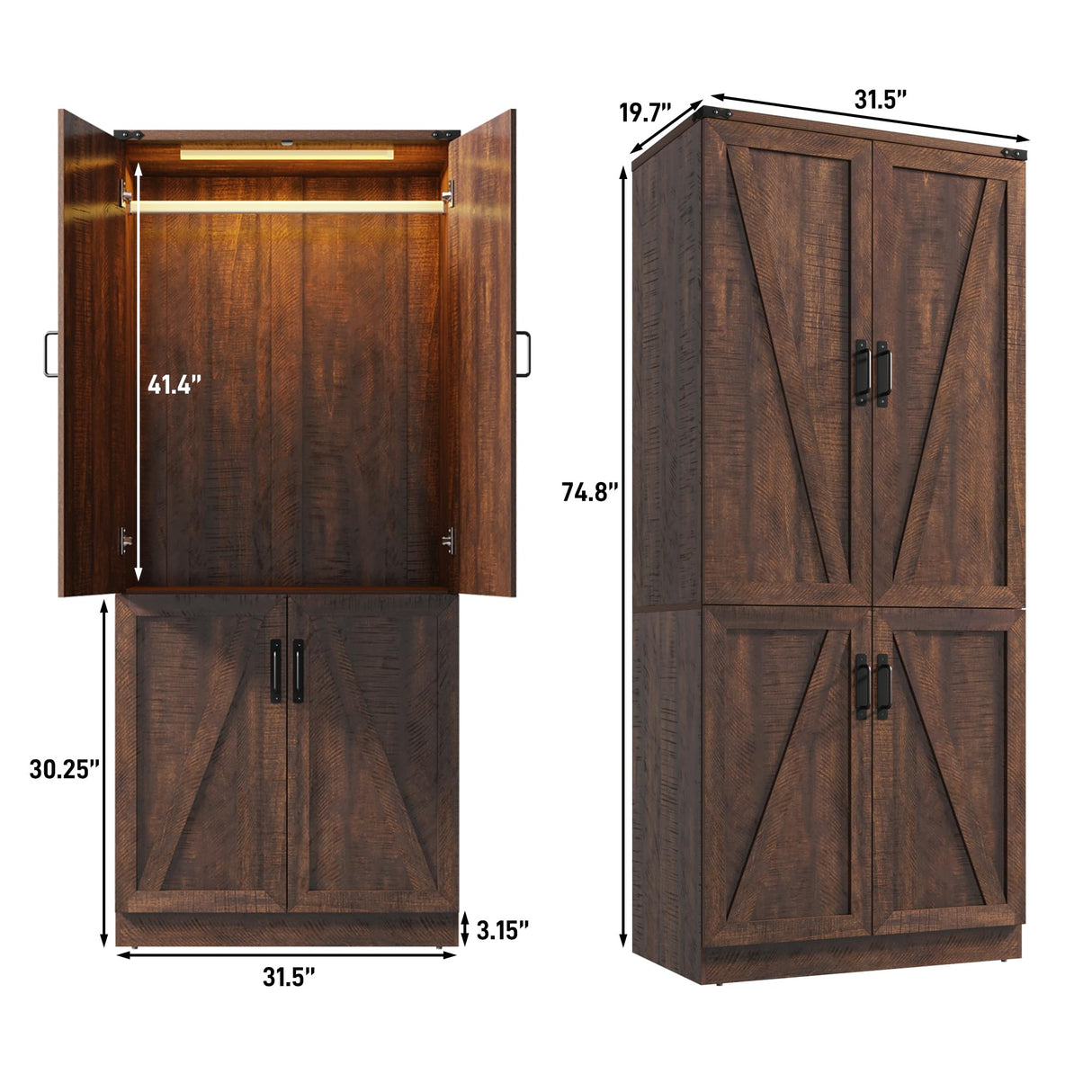 75" Tall Farmhouse 2 Doors Armoire Wardrobe Closet with LED,Freestanding Closet Wardrobe Cabinet for Bedroom with Hanging Rod,Wooden Armoire Storage Cabinet with Adjustable Shelves(Brown) Hlivelood