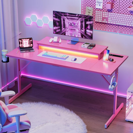 Bestier 52 Inch Gaming Desk with Power Outlets and USB Charging Ports, LED Small Computer Desk with Monitor Stand, Home Office Desk with Cup Holder & Headset Hooks, Desk for Office, Carbon Fiber Pink Bestier