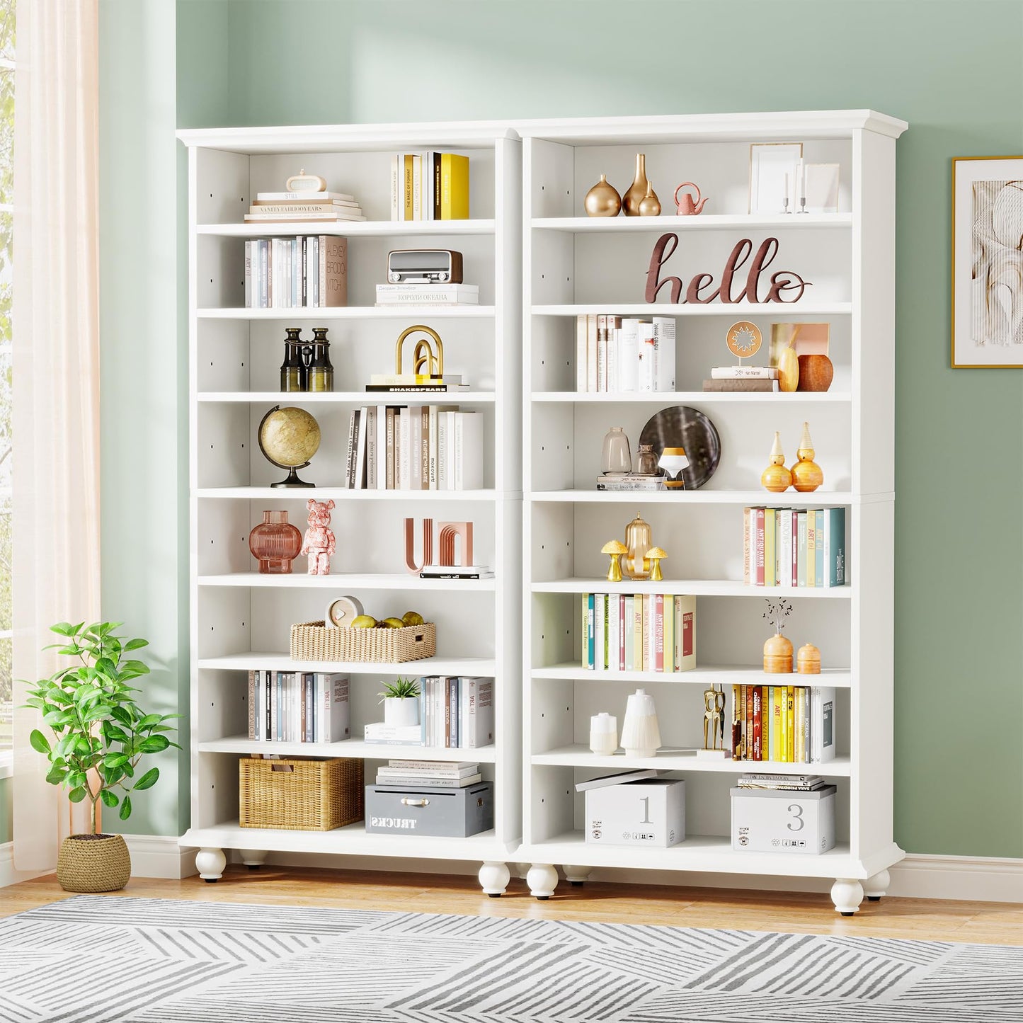 Tribesigns 69-Inch LED-Illuminated 9-Tier Modern Bookcase with Solid Wood Legs - White - WoodArtSupply