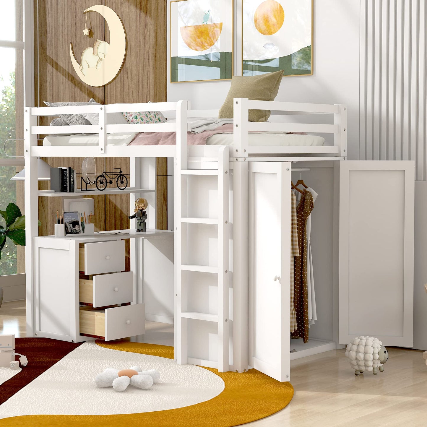 Stylish Twin Loft Bed with Desk and Wardrobe for Kids and Teens, White Wood Frame with Storage Drawers - WoodArtSupply