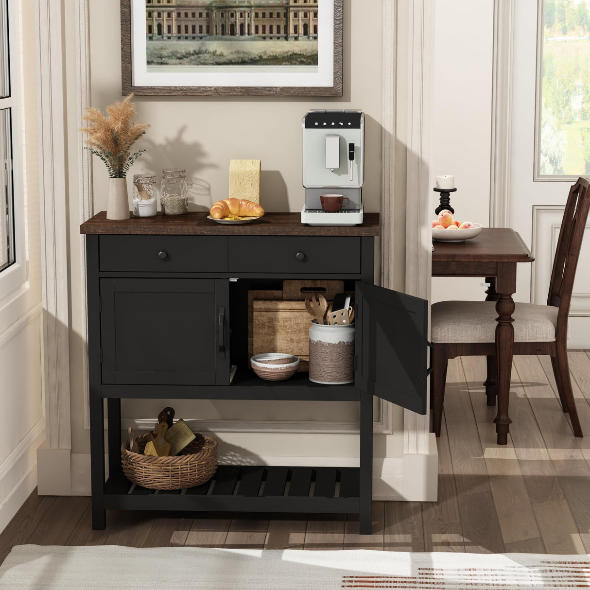 ChooChoo Farmhouse Console Table, Entryway Table with Storage Shelf, Coffee Bar Cabinet, Narrow Buffet Sideboard for Kitchen, Hallway, Living Room, Black ChooChoo