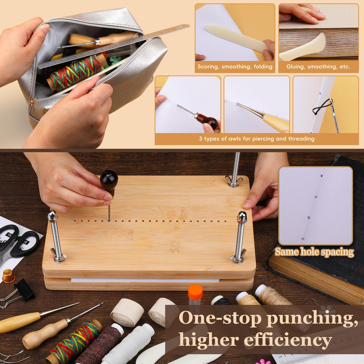 JUPEAN Bookbinding Kit, Book Making Kit, Bookbinding Punching Guide Set, 11.6”x7.9” Hole Punching Book Press Books Binding Materials with Bone Folder Awl Binding Strap for Craft DIY JUPEAN