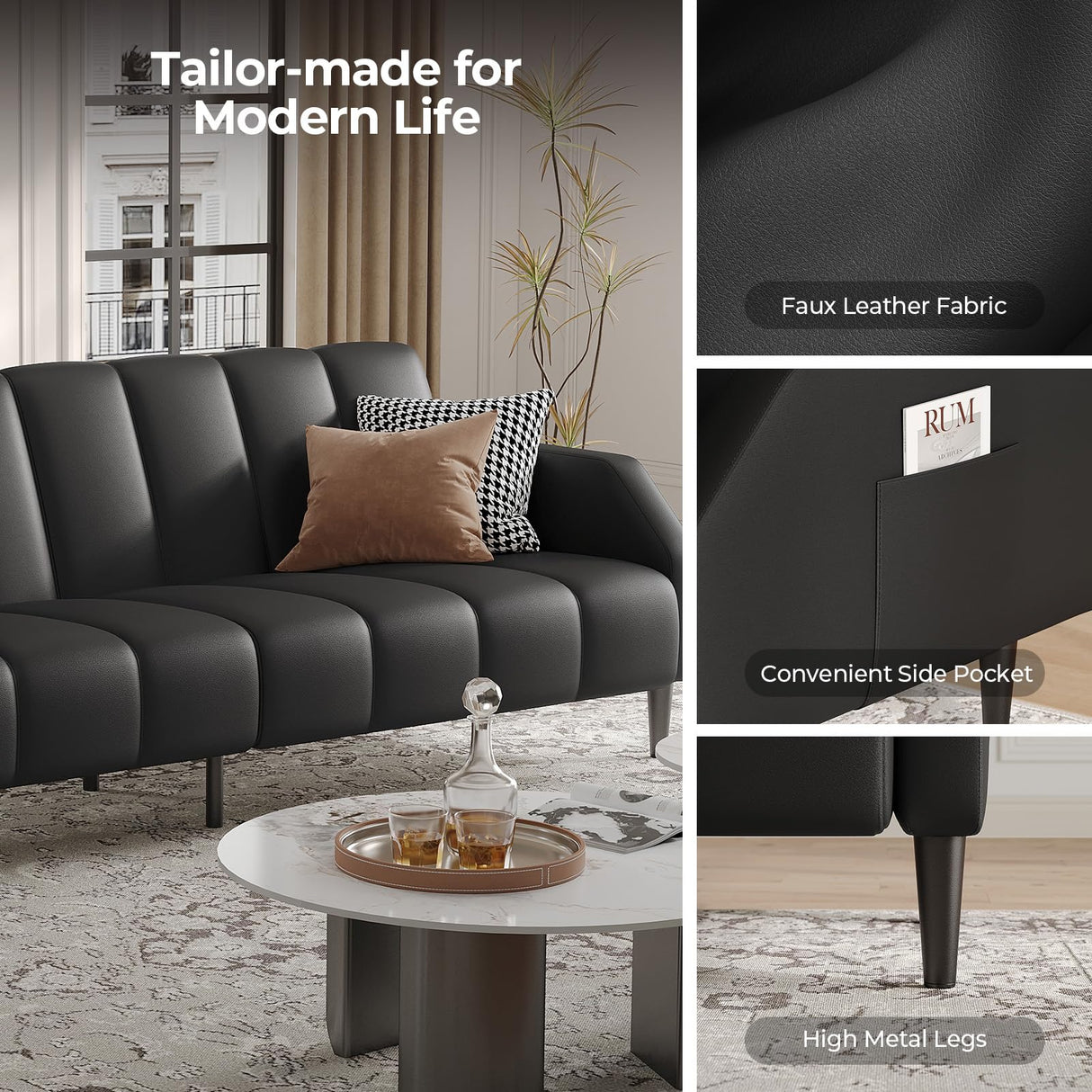 Fadware Faux Leather Couch, Convertible Futon Sofa Bed with Adjustable Backrest, Mid Century Leather Sofa Loveseat with Side Pockets& Metal Leg, Modern Leather Sleeper Sofa for Living Room Bedroom Fadware