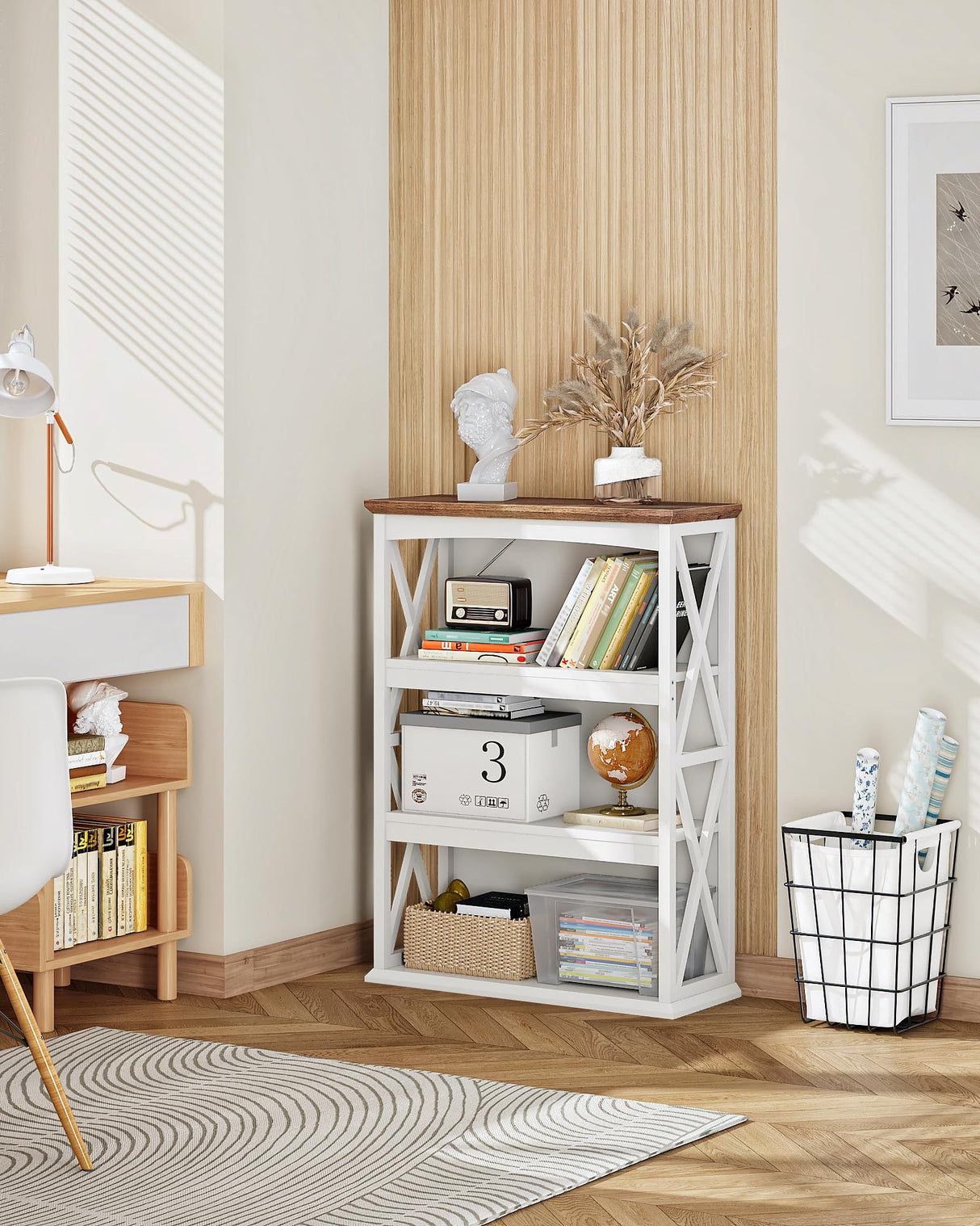 CHOEZON 4-Tier Bookcase, 42.9" Floor Standing Organizer Shelf, Corner Book Stand, Metal Frame, for Study, Bedroom, Living Room, White and Walnut TSJ01WL CHOEZON