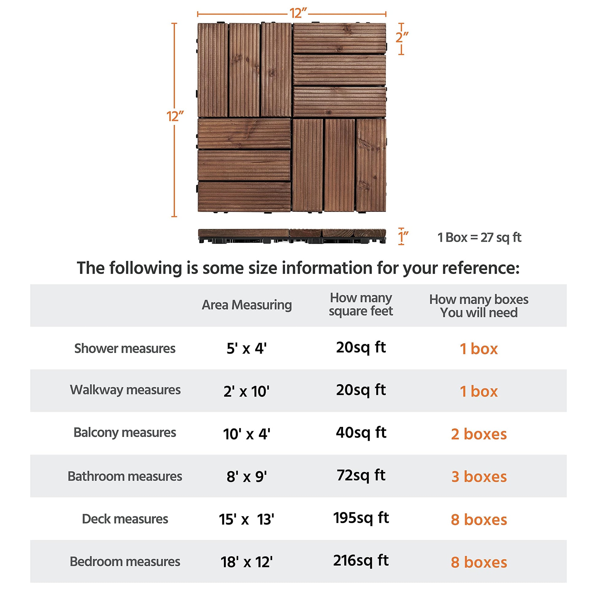 Yaheetech 27PCS Wooden Decking Tiles 12 x 12in Hardwood Interlocking Patio Deck Tiles Composite Balcony Floor Covering for Platform Patio Garden Pathway 1 sq. ft, Brown - WoodArtSupply