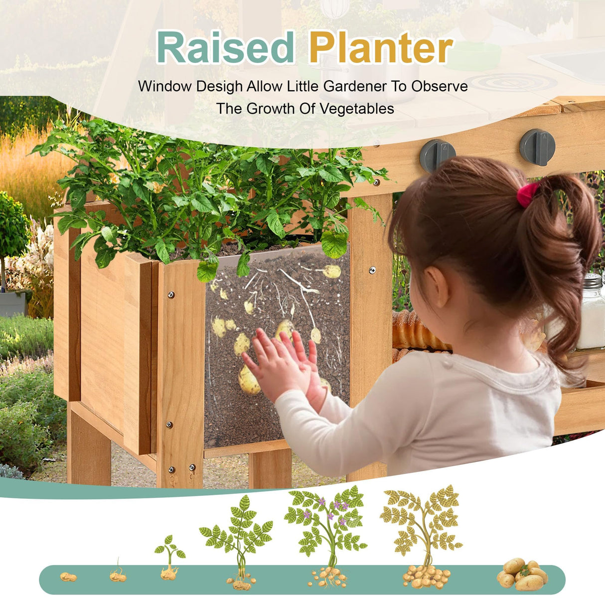 Aoparts Mud Kitchen for Kids Outdoor, Wood Outdoor Kitchen with Planter Box, Toddler Play Kitchen with Sink, Faucet, Blackboard, Water Cup and Kitchen Accessories for Kids Aoparts