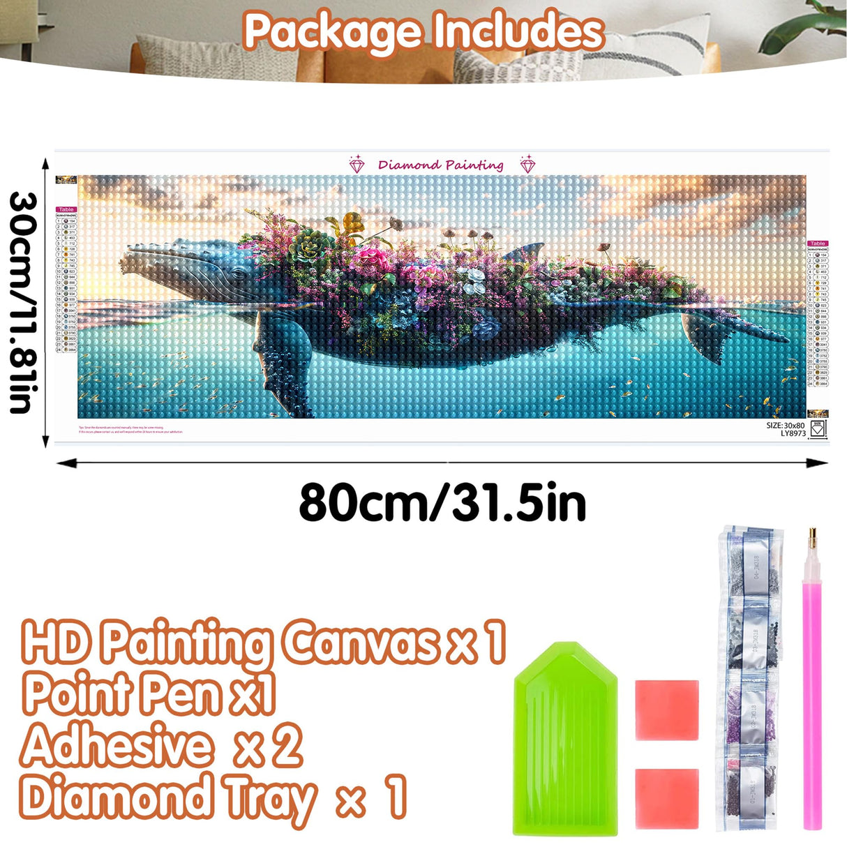 SKRYUIE 5D Large Diamond Painting Kits Whale - DIY Diamond Art Kits for Adults Animal, Full Round Drill - Crystal Embroidery Cross Stitch - Craft for Wall & Office Decor - 12x30 inch / 30x80 cm C1 SKRYUIE